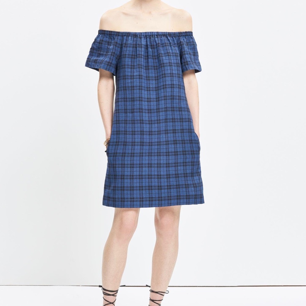 Madewell Women's Blue Plaid Off-the-shoulder Dress sz 2